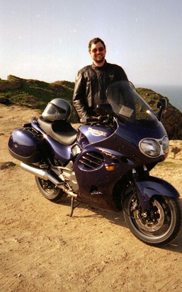 This is a photo from 1996, when Andy and I went to Jersey to pick up his new Triumph.  How I will always remember him.