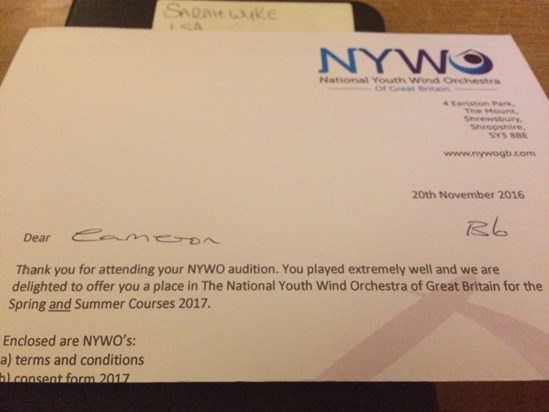Dad he's got a place at national youth wind orchestra just like you said