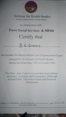  Mind  certificate  - Dad trained as an advocate to help others