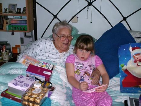 Mum´s last Xmas 2008. Saskia opens her Xmas presents with her Granby