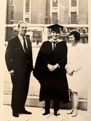 Graduation from Manchester University with father, Fred, and mother, Ursula