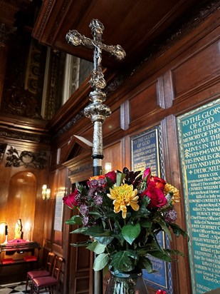 Flowers for Jonathan, by his cross in the Chapel Royal, Hampton Court Palace 