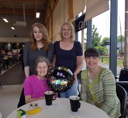 Celebrating 85 happy years with daughters, Sue and Pam, and granddaughter, Charlotte
