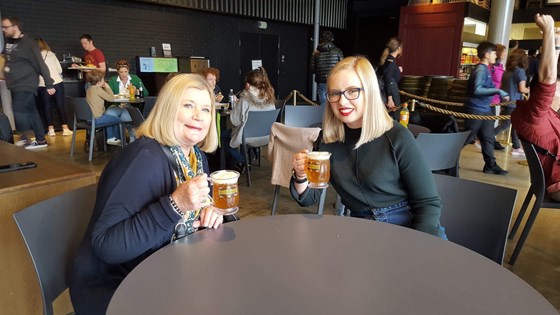 Tia and Nan drinking Butterbeer at the Harry Potter Studio 2019