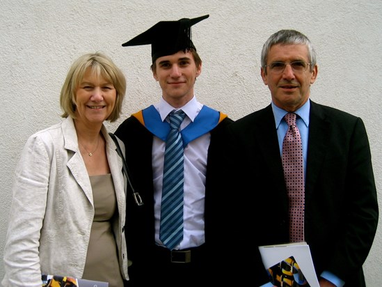 Michael with his Mum and Dad at his graduation from Cranfield x