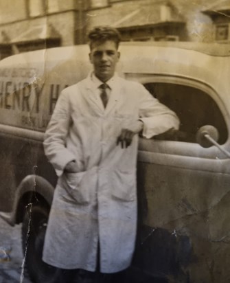 Working for Henry Hall the Butcher. Park Lane East, Tipton - 1956. Not sure if this was just before or after the pigs escaped out of the van and Dad ended up chasing them up and down the street. 