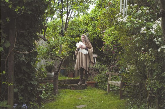 Nuala at the back of the garden with swan wings - photographed by lodger at the time ( 2013?)