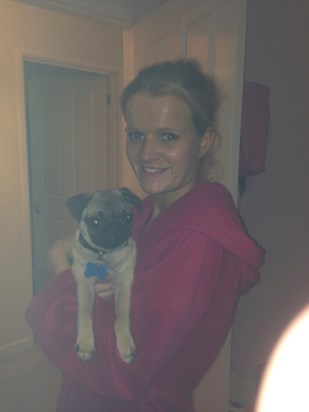 With Larry the Pug as a puppy in Rosies favourite attire - her comfy pink dressing gown