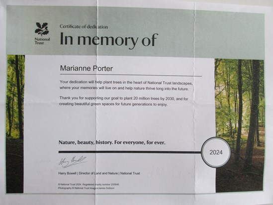 A National Trust tree planted in memory of Marianne by her friend, Pauline Swiatek