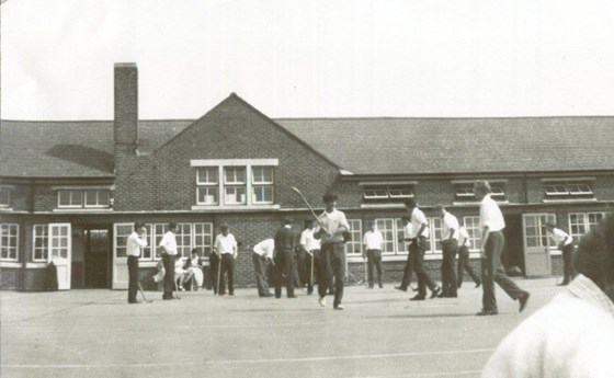 Playing shinty at Central School 1961   Mervyn and John Jeffs (fair hair) in foreground