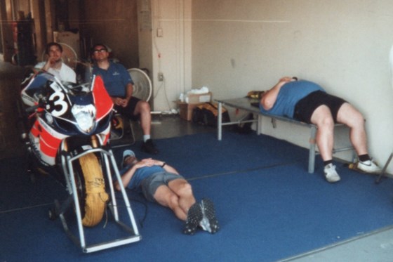 After a hard day, a nap is required. Suzuka, 2003.