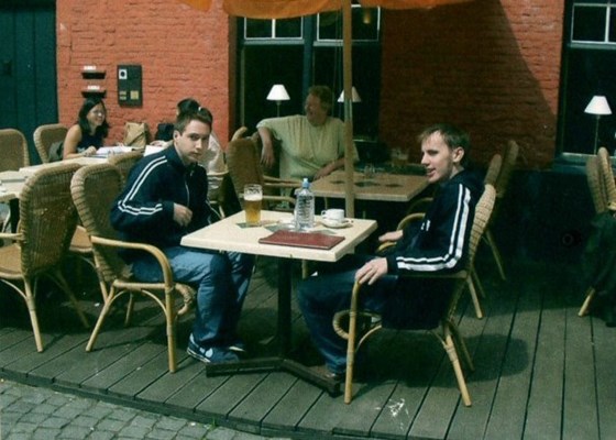 Robert with his friend Mark in a Cafe in Bruges