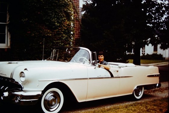 Aunt Jane in her new Pink Pontiac, ca. 1956