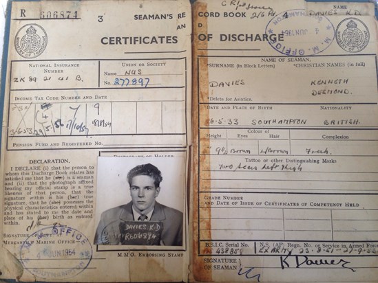 Ken's seaman's record book, he started service in 1953 until 1960. Ken was 21 in this photo.