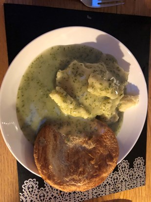 Having your favourite tonight dad. Pie mash and Liquor