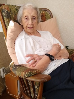 Joan Eade in her favourite chair