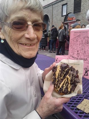 Nan with her Voo Doo doughnuts. Portland Oregon.