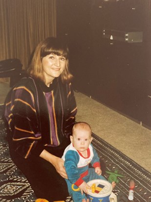 Nick playing on his beloved drum with Mum- Thornford. X