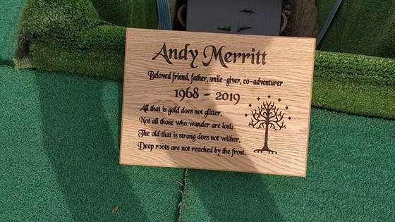 The beautiful plaque for Andy’s woodland burial in Barton