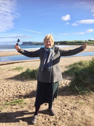 Mum loving life at Ballycastle beach, Antrim!
