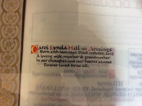 Carol's entry in the Book of Rememberance, Torbay Crematorium.