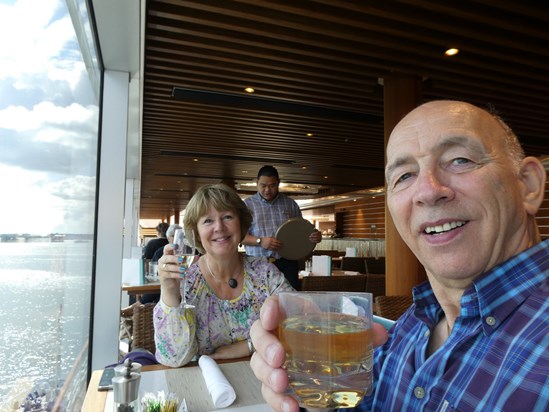 On our recent Baltic cruise, just boarded, having a toast to a special holiday