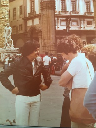 Graham, in his new leather jacket, meets Patrick Bishop in Florence