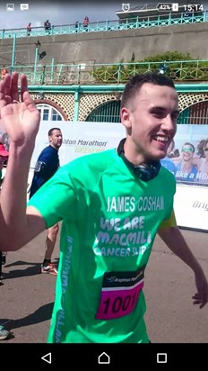 James crossing the finish in the Brighton Marathon in memory of his dad.