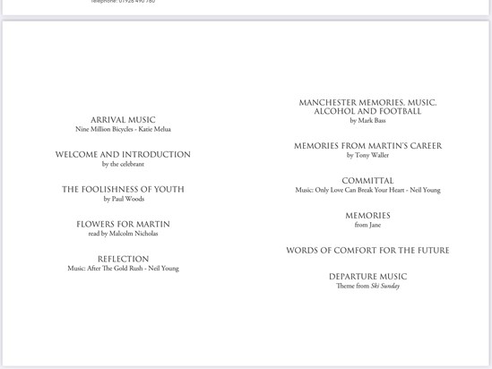 Order of Service detailing music and contributors