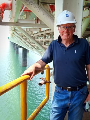 One of John's last inspections:  a jetty for loading chemical tanker ships in India, 2019