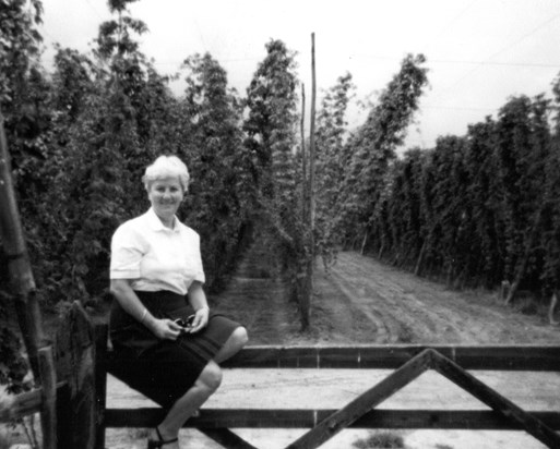 Kay at the hops farm, a place where she picked hops as a child