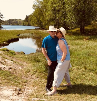 May 2018 - Dave managed to stand and pose for this pic - he really enjoyed razzing round Tarn How on that National Trust mobility scooter. Even though he lay down for several days after it was a beautiful memorable day xx