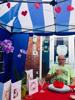 Anniversary 14 Aug 2020 -Dave made fantastic effort for a lovely surprise  -staff in nursing home decorated gazebo  