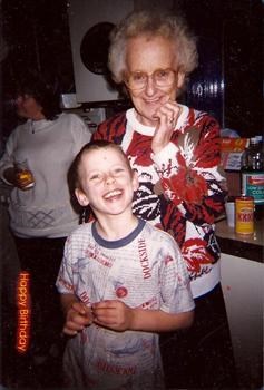 Declan birthday with Gran at home in 1997
