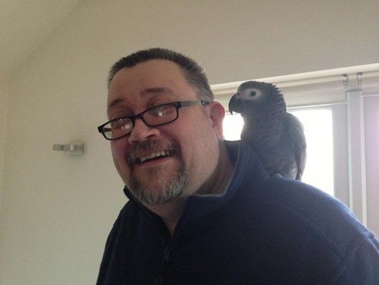 Stephen with Ringo the Parrot