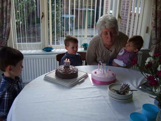 Sheila's 70th birthday, with her grandchildren Eddie, Liam and Nevaeh.