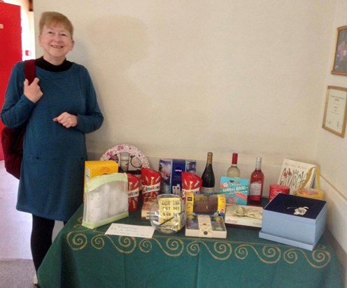 Rosemary minding the raffle prizes at Coffee Morning, 2019. 