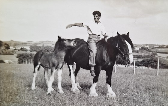 Gordon on Maggie (yes, bareback), one of his shirehorses.