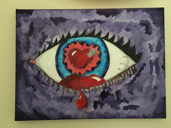 Eloise painted this eye in early 2015, vivid and frightening, perhaps an early sign of dark thoughts