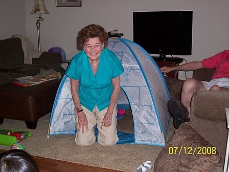 Ernie's Mom, the Tomata emerges from the tent on Elizabeth's 2nd birthday.
