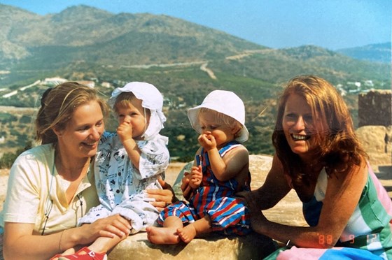 Sue with her sister in law Von, niece Ginny and Hannah in Greece 1988. Happy days together 