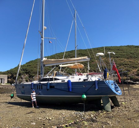 Drying out in Belle Isle after sailing down west coast of France in Blue Dolphin