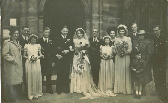 Sister Olive's wedding April 1946. Bridesmaid on the left is Audrey. Hanton family on the right including dad, sister Hazel,  sister in law Joan,  brother Ken, mum and brother Laurie.