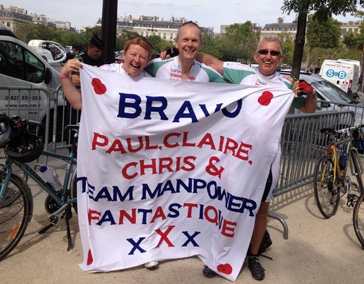 In 2012 Claire encouraged me to cycle from London to Paris. This is us at the finish!!