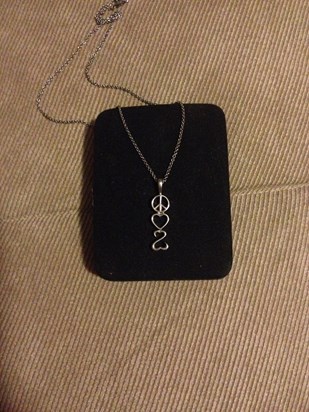 This Peace, Love & Open Heart necklace you bought me for Christmas 2009. I wear it everyday.
