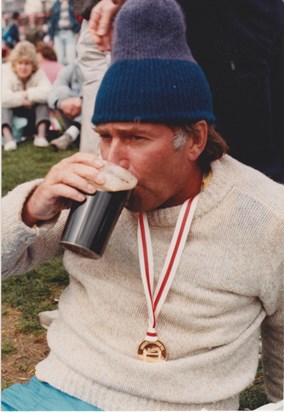 Steve enjoying his "Guinness" at the finish of the London Marathon, 1985