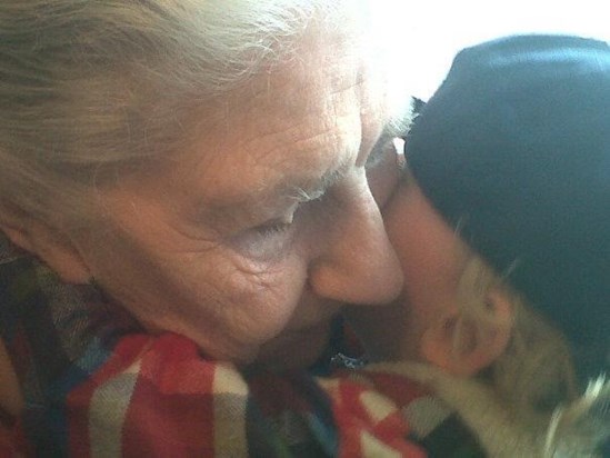 Toby wrapping his wee arms around his precious Nana Hall, she gave the best cuddles, with her skin soft like feathers ??