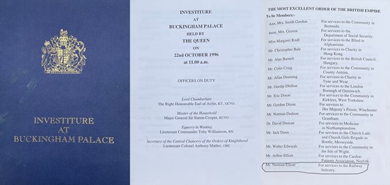 Investiture programme for Norman's MBE presentation by HM Queen at Buckingham Palace 