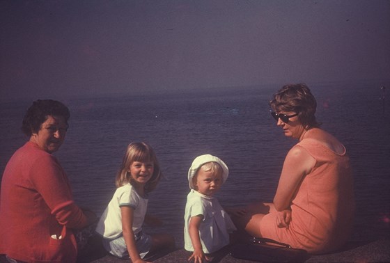 Mother Joy Stuart and Margaret sat on the sea wall 