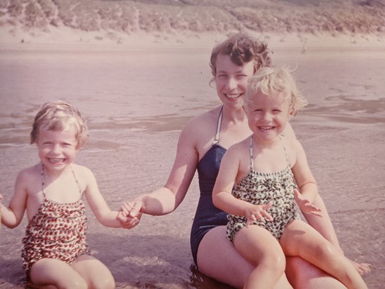 Mum with Hazel & Alison at Saunton Sands, Devon, summer 1962.